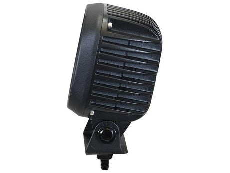 Side view of a black LED Work Light – High Power LED by Sparex, featuring a ribbed, heat-dissipating design and mounted on an adjustable bracket with a securing screw. This model, S.169585, ensures excellent visibility in all conditions with its Class 3 spot beam interference and a raw output of 11,700 lumens operating at 10-30V.