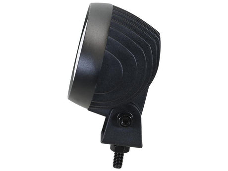 Side view of the Sparex CE Approved, black, round LED Work Light – High Power LED with a textured, ribbed back and mounting bracket, Flood Beam Interference: Class 3, 11250 Lumens Raw, 10-30V - S.169586.