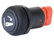 The Sparex Push Button Switch (Part Number: S.169974) is a round black switch featuring a white arrow symbol and an orange connector on one end, designed in the Push Type format.