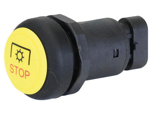 Close-up of a Sparex Push Button Switch (Part Number: S.169991) featuring a black emergency stop button with a yellow face, labeled "STOP" in red letters, and an electric symbol icon above the text.