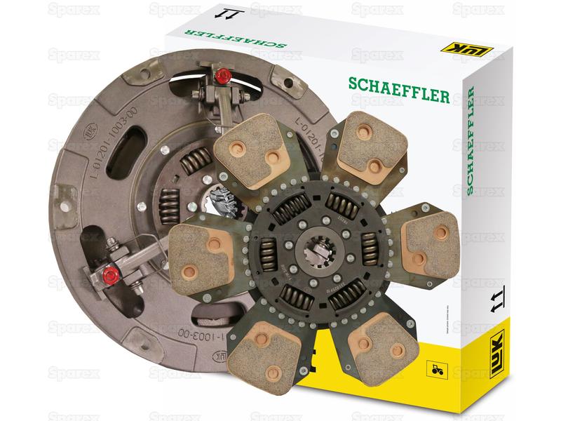 A Sparex Clutch Kit without Bearings (Part Number: S.170052) in front of its box, showcasing two components with LUK labeling and specific details such as cover size. The background features a subtle Sparrtex watermark.