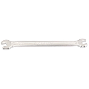 A silver midget double open-end spanner labeled "Draper Elora 156-3x3.5," crafted from durable chrome vanadium steel, features sizes "3mm" and "3.5mm" on each end and is perfect for tasks in limited spaces.