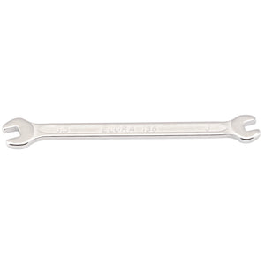 A silver midget double open-end spanner labeled "Draper Elora 156-3x3.5," crafted from durable chrome vanadium steel, features sizes "3mm" and "3.5mm" on each end and is perfect for tasks in limited spaces.