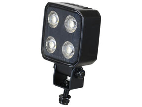 A black quad-LED work light with a bracket for mounting, featuring four circular LED bulbs in a square housing and including a screw for attachment. The high-power LED work light, CE approved, is from the Sparex brand and offers a flood beam interference of Class 3 with 4650 lumens at 10-30V (Product: S.170282).