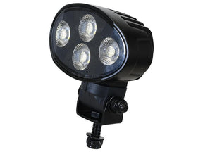 The Sparex LED Work Lights – High Power LED, Flood Beam Interference: Class 3, emitting 4650 Lumens Raw with a voltage range of 10-30V (S.170283), is an oval-shaped light featuring four bulbs, mounted on a metal bracket and equipped with a DT Connector.