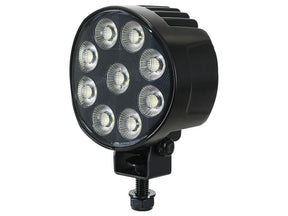 A CE Approved round LED work light from Sparex, featuring high power LEDs with nine individual bulbs, a heated lens, and an adjustable bracket. This S.170288 model offers a flood beam interference of Class 3 and 10260 lumens raw, operating within a range of 10-30V.