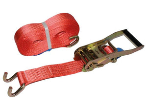 A red Sparex Load Binder from the Quality Range, with a matching neatly coiled strap featuring hooks at the ends, is crafted from durable polyester webbing and measures 18M for secure fastening.