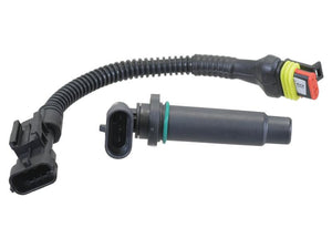 The Position Sensor (Sparex Part Number: S.170311) from Sparex is a black, coiled electrical connector cable featuring two different plug ends, one adorned with a green ring and both exhibiting a sleek metallic finish.