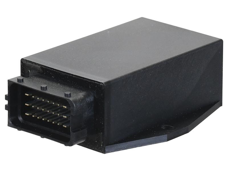 The Flasher Control Switch (Sparex Part Number S.170329) by Sparex is a black rectangular electronic component featuring a multi-pin connector on one end and a flat base for easy mounting; it is compatible with 12V systems.