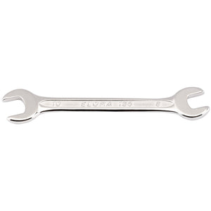 A double open-end wrench with "Draper Elora 156-12x13" inscribed on the handle, made from durable chrome vanadium steel, featuring one 12mm end and one 13mm end. Ideal for limited space applications, it also offers excellent corrosion protection.