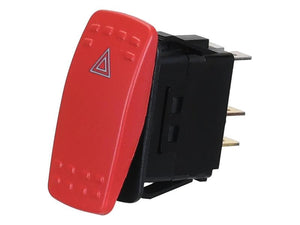 This red, rectangular Hazard Light Switch - Rocker (Sparex Part Number: S.170331), adorned with a white triangle symbol, features three metal terminals on the back. Known as the Sparex Button, its push-fit design ensures easy installation and reliable performance.