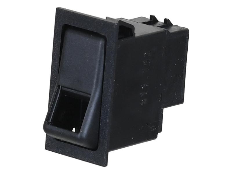 The Sparex Hazard Light Switch - Rocker, part number S.170332, is a black rocker switch with spade terminals, featuring angled edges and a recessed center button, commonly used in electronic devices for on/off functions.