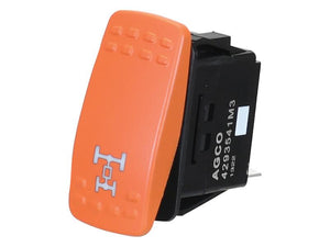 The Sparex 4WD Switch (Sparex Part No. S.170334), featuring an orange AGCO 4293541M3 rocker switch with a white logo and text on the front, is attached to a black rectangular base and is ideal for Massey Ferguson tractors.