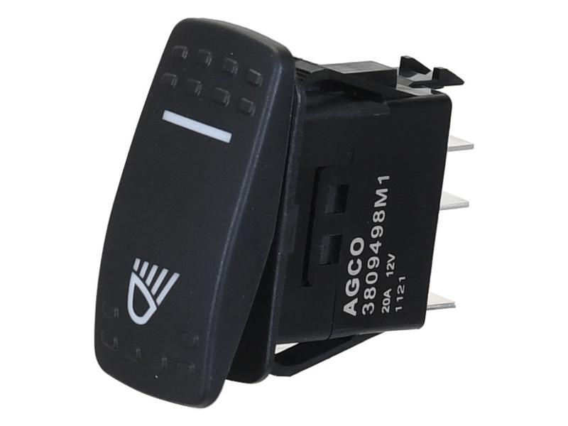 A black front worklight switch with a headlight symbol, designed for 24V systems, compatible with Massey Ferguson tractors and Sparex parts. It is the AGCO model 3809498M1 and is available as the Sparex Part No. S.170337 from the brand Sparex.