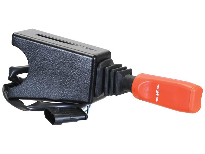 Introducing the Forward/Reverse Lever Switch by Sparex (Part Number: S.170348), a black and orange joystick control with a cable and connector, commonly used for machinery or equipment operation, now featuring a red Sparex button for enhanced functionality. Suitable for 12V systems.