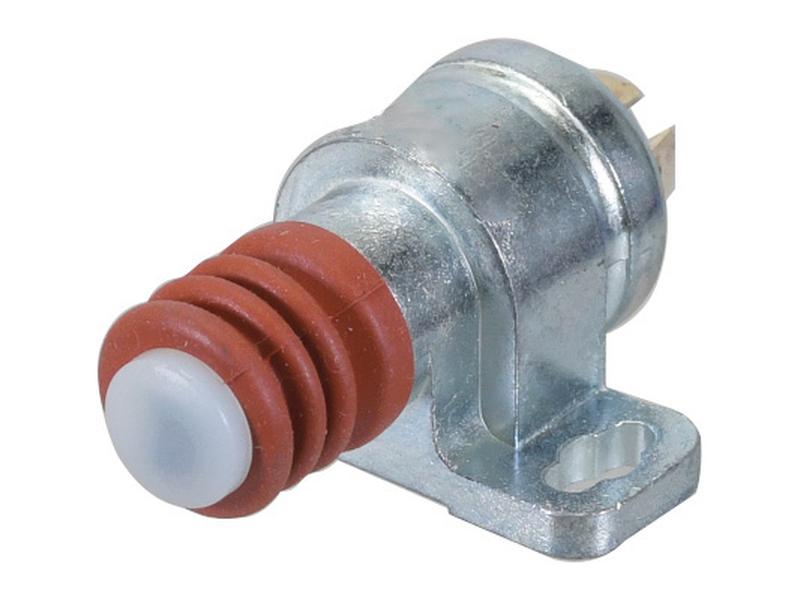 A close-up of the Brake Light Switch by Sparex (Part Number: S.170387) features a metallic body with a red rubber cover and a white button.