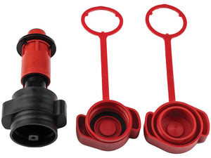 The Sparex Automatic Stop-Start Spout, Fuel (Sparex Part Number: S.170623) features a striking red and black valve locking device and includes two red plastic covers, each with circular seals.