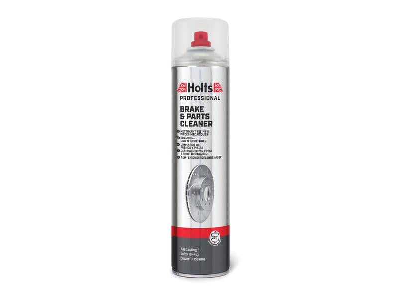 Image of a 600ml can of Holts Brake Cleaner - Aerosol (Sparex Part Number: S.170711) by Sparex, featuring red and black text, a silver cap, and an illustration of a brake disc on the front. This aerosol cleaner ensures optimal brake performance for your vehicle.