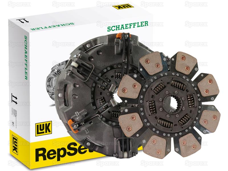 Image of a Sparex Clutch Kit without Bearings (Sparex Part Number: S.170725) featuring the components of the clutch system with the product box in the background, and its tariff code 8708939090.