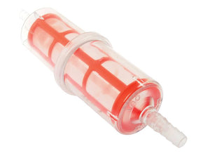 A translucent cylindrical Sparex Fuel Filter - In Line (Sparex Part Number: S.170979) featuring a red internal component and two nozzles, one at each end, encased in a Parker Housing.