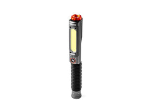 The Sparex BIG LARRY PRO + rechargeable flashlight, featuring a sleek black and gray design with a red button on top and a rectangular yellow COB LED panel in the middle, is capable of emitting 600 lumens of brightness (Sparex Part Number: S.171054).