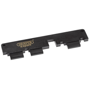 A Draper Camshaft Locking Tool (Ford) - ETK163 features a black finish, three slots, a branded Draper logo, and a camshaft locking plate designed specifically for Ford vehicles.