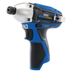 The Draper Storm Force® 10.8V Power Interchange Impact Driver, 1/4" Hex. (Sold Bare) – ID108SF, featuring a blue and black design with a silver chuck and an interchangeable battery system, proudly displays the "Storm Force" label on its side.