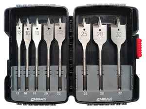 A set of Sparex Flat Wood Drill Bits featuring eight pieces in extra hardened steel, housed in a reinforced black plastic case, marked with various sizes from 12 to 32.