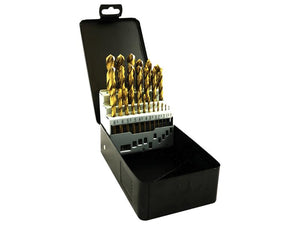 A Sparex HSS Titanium Drill Bit Kit, including 25 high-performance drill bits with gold-colored tips and a Split Point cutting head, is arranged in an open black metal case. The bits are labeled from sizes 1 to 13.