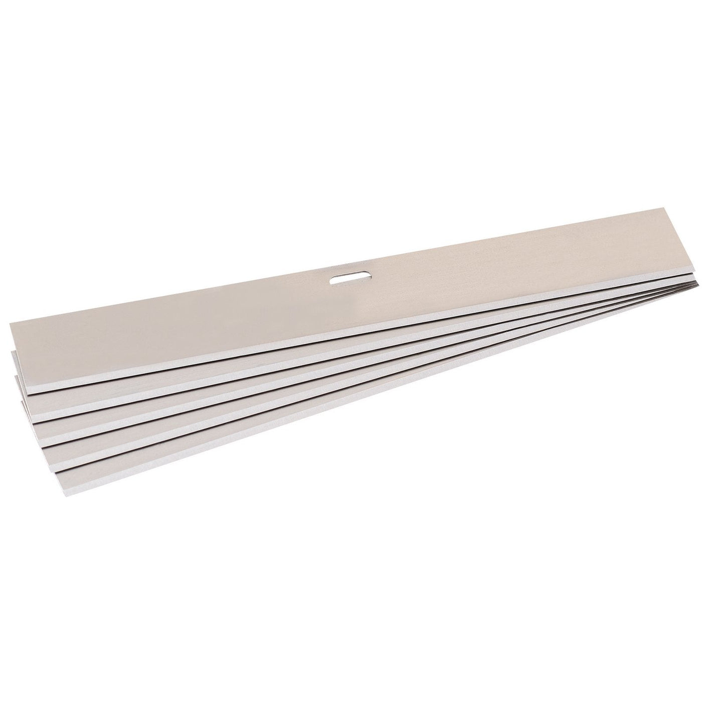 The Draper Spare Blades For 17158 Scraper (Pack Of 5) - HDSS-SBA features five metal tool blades, arranged in a fanned-out stack with a rectangular slot near the top of each blade.