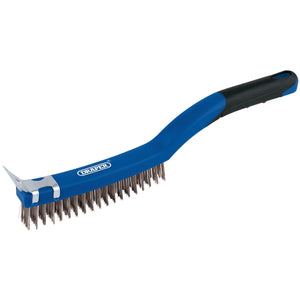 The Draper 3 Row Stainless Steel Wire Scratch Brush With Scraper, 350mm - WBSC14SS features blue and black durable stainless steel bristles, a long handle with a soft grip, and a metal scraper on the end. It's perfect for tackling tough cleaning tasks.