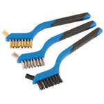 The Draper Mini Brush Set (3 Piece) - MWBSSG includes three small cleaning brushes from the Draper brand, each with blue and black handles and different bristle materials: brass, stainless steel, and nylon.