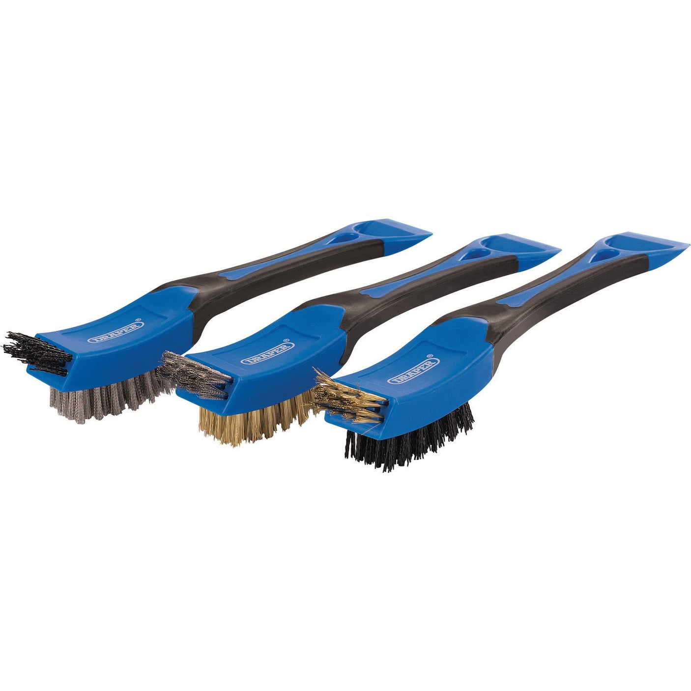 The Draper Mini Wire Brush Set (3 Piece) - WBS3 1608 features three 210mm handheld brushes with soft grip handles and robust bristles made of metal, brass, and nylon.