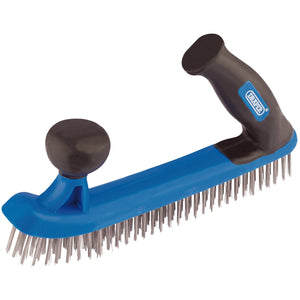 The Draper Two Handle Wire Brush, 235mm - WB2H, is equipped with stainless steel wire bristles, a black ergonomic handle, and a side knob for extra grip.