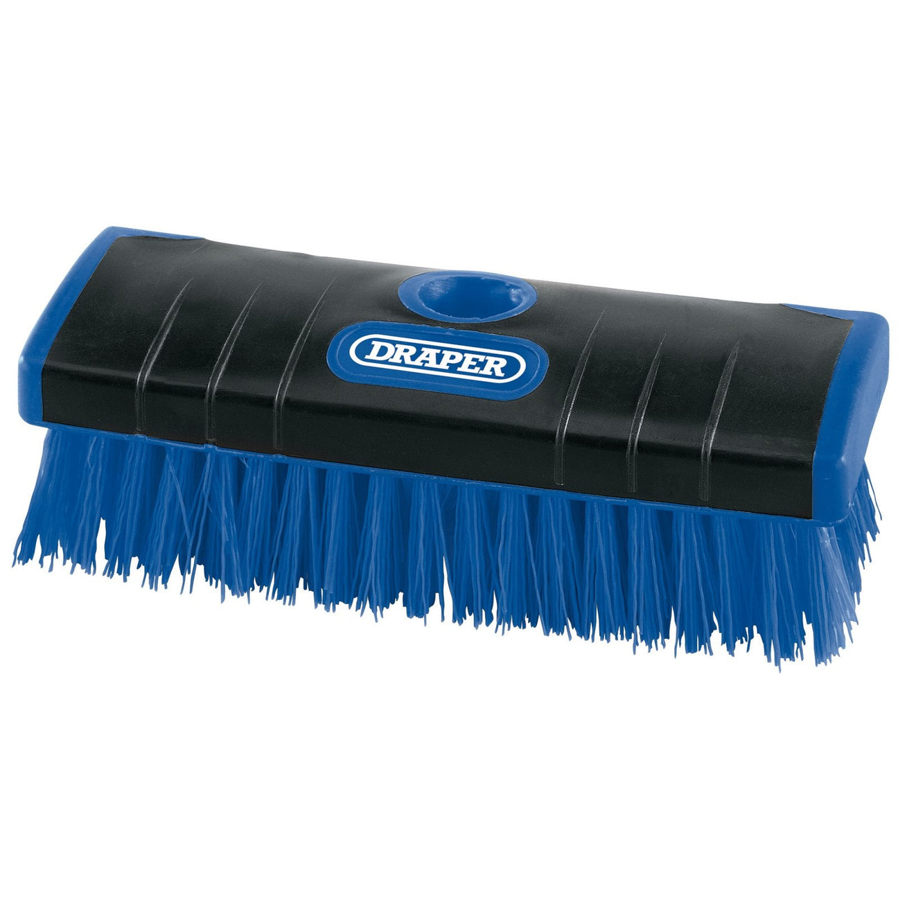 A rectangular scrub brush with stiff blue nylon bristles and a black handle featuring the "Draper" brand name in the center, known as the Draper Nylon Scrub Brush - HD/SBN.