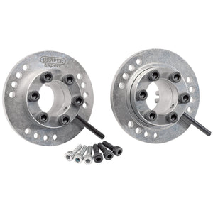 The Draper Vct Setting Kit (Ford) - ETK165 includes two metallic wheel spacers, each featuring multiple bolt holes and six pre-installed bolts. Designed specifically for Ford vehicles, the kit also comes with additional black screws laid out in front to ensure a perfect fit with OEM parts.