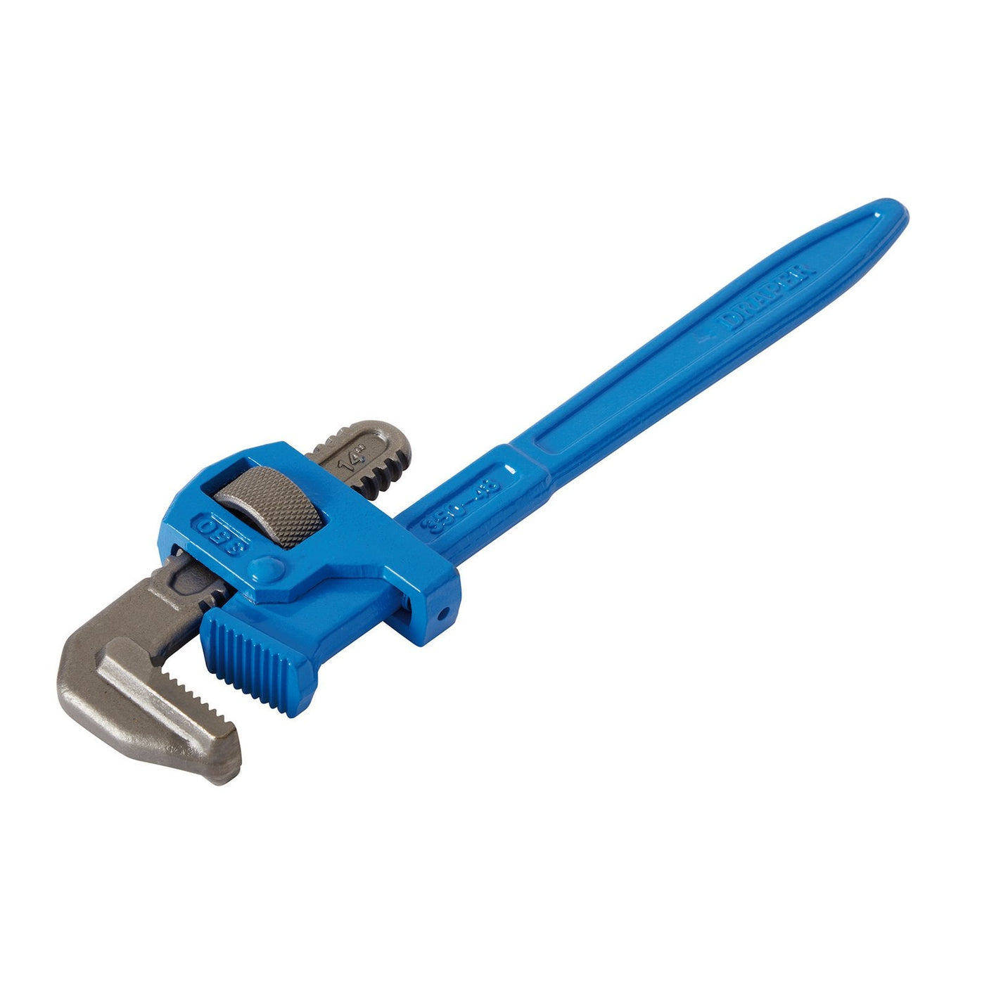 A Draper Adjustable Pipe Wrench, 350mm, with a 48mm adjustable jaw, crafted from high carbon steel and featuring corrosion protection, on a white background.