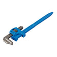 The Draper Adjustable Pipe Wrench, 450mm, 60mm - 676 features a high carbon steel jaw and is designed for gripping and turning pipes or other cylindrical objects. This blue traditional pattern wrench also offers corrosion protection for enhanced durability.