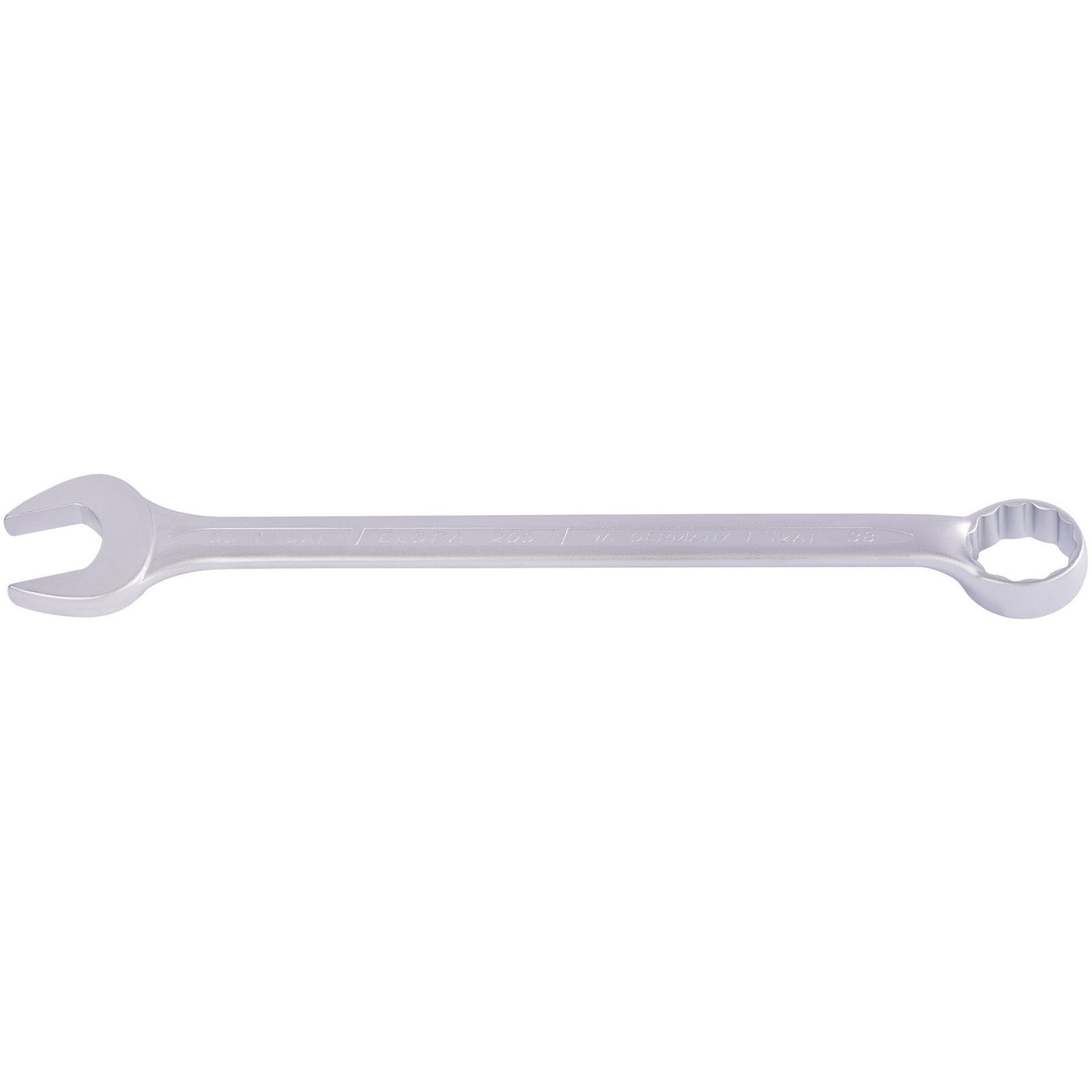 The Draper Elora Long Combination Spanner, 38mm - 1.1/2" - 205-38 / 1.1/2, is a silver tool crafted from durable chrome vanadium steel, featuring one open-end and a Bi-hexagon ring box-end for turning nuts and bolts, conforming to DIN 3113 standards.