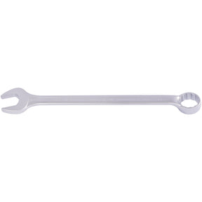 The Draper Elora Long Combination Spanner, 38mm - 1.1/2" - 205-38 / 1.1/2, is a silver tool crafted from durable chrome vanadium steel, featuring one open-end and a Bi-hexagon ring box-end for turning nuts and bolts, conforming to DIN 3113 standards.