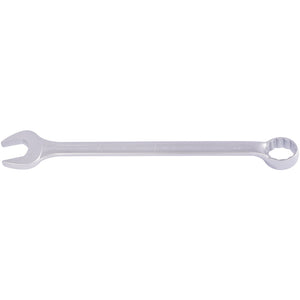 The Draper Elora Long Combination Spanner, 38mm - 1.1/2" - 205-38 / 1.1/2, is a silver tool crafted from durable chrome vanadium steel, featuring one open-end and a Bi-hexagon ring box-end for turning nuts and bolts, conforming to DIN 3113 standards.