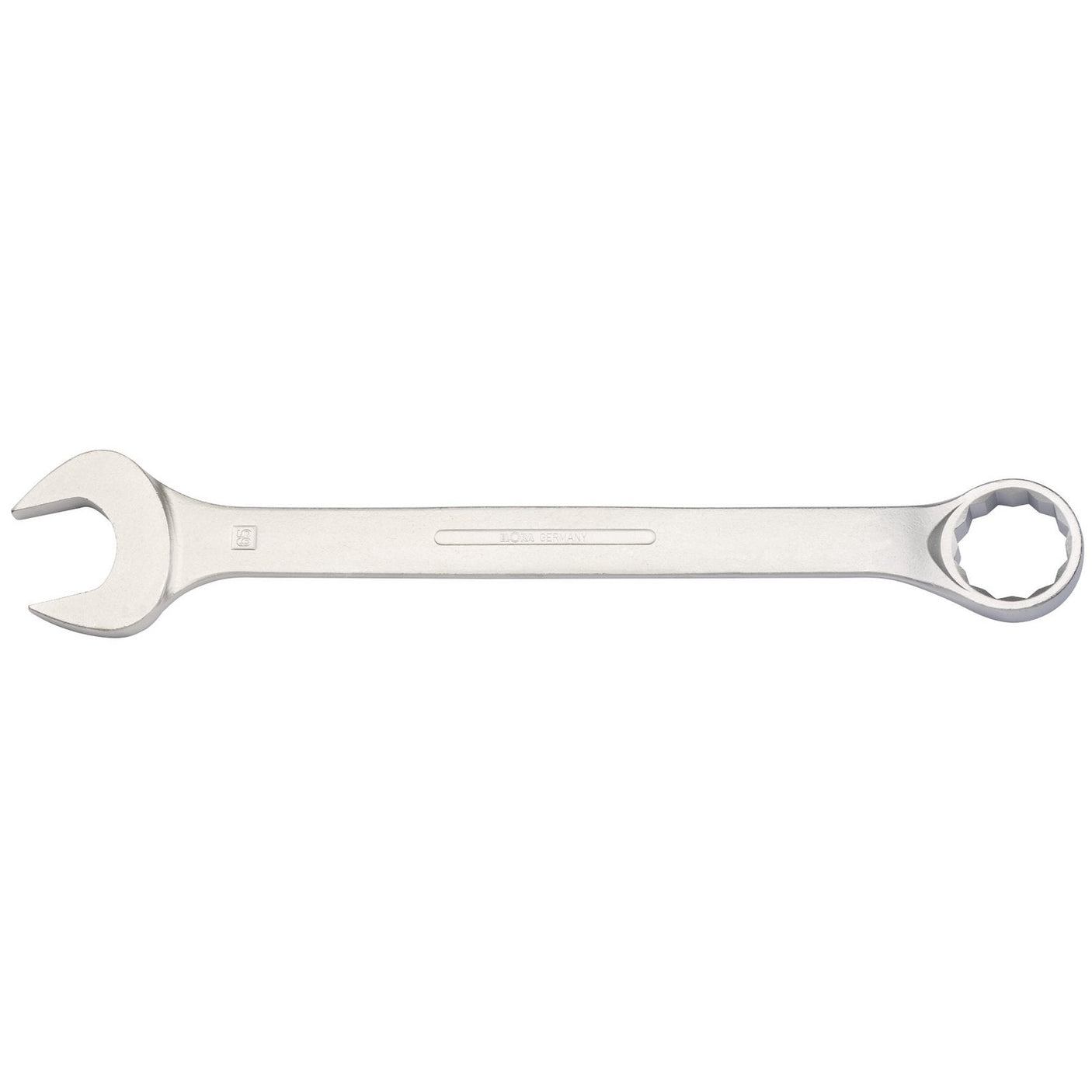 Image of the Draper Elora Long Combination Spanner, 65mm - 205-65 featuring an open-end on one side and a Bi-hexagon ring on the other, crafted from chrome vanadium steel for superior durability and corrosion protection, ideal for tightening or loosening nuts and bolts.