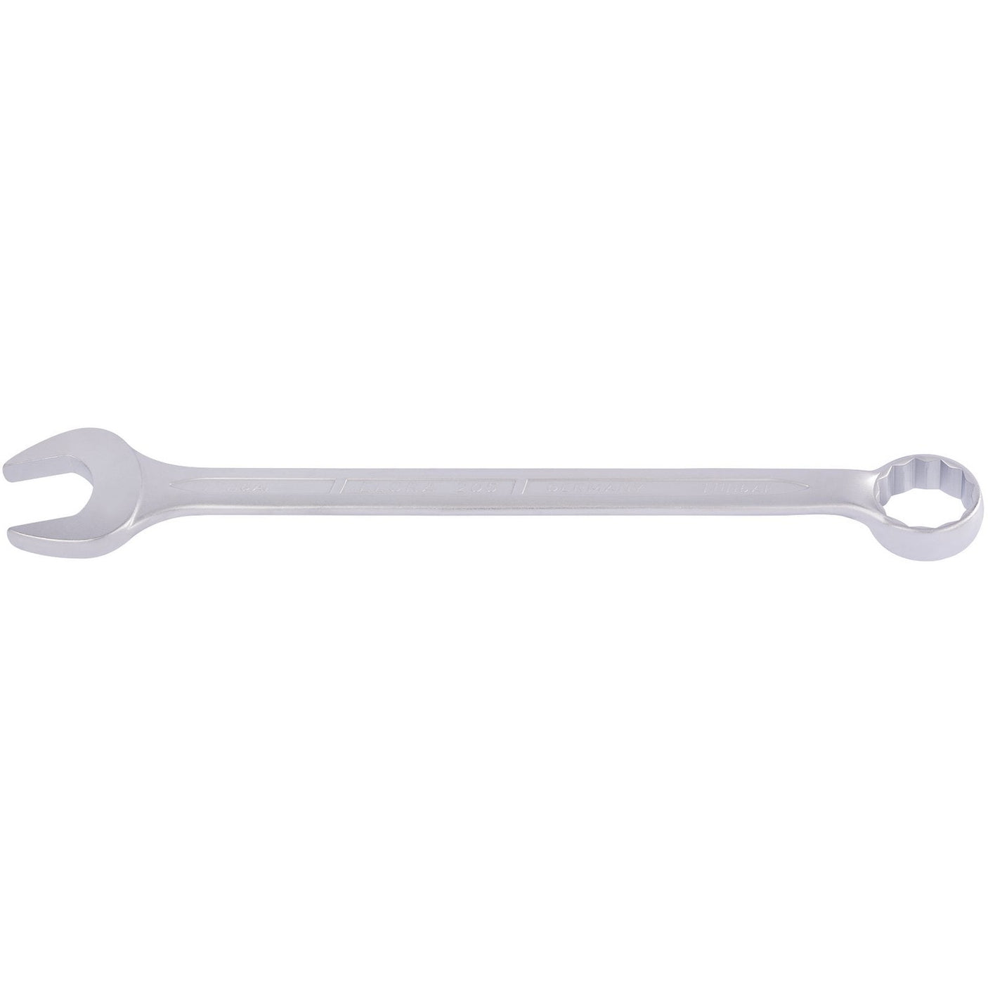 The Draper Elora Long Imperial Combination Spanner, 1.11/16" - 205A-1.11/16, crafted from chrome vanadium steel with a silver finish, features an open-end on one side and a Bi-hexagon ring box-end on the other, and is compliant with DIN 3113 standards.