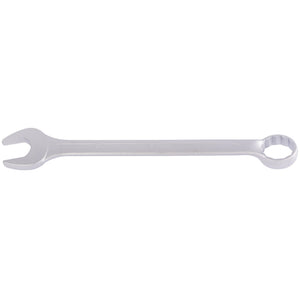 The Draper Elora Long Imperial Combination Spanner, 2.1/16" - 205A-2.1/16, from the brand Draper, is a silver combination wrench made of chrome vanadium steel. It features an open-end on one side and a box-end on the other, with corrosion protection for durability, isolated on a white background.