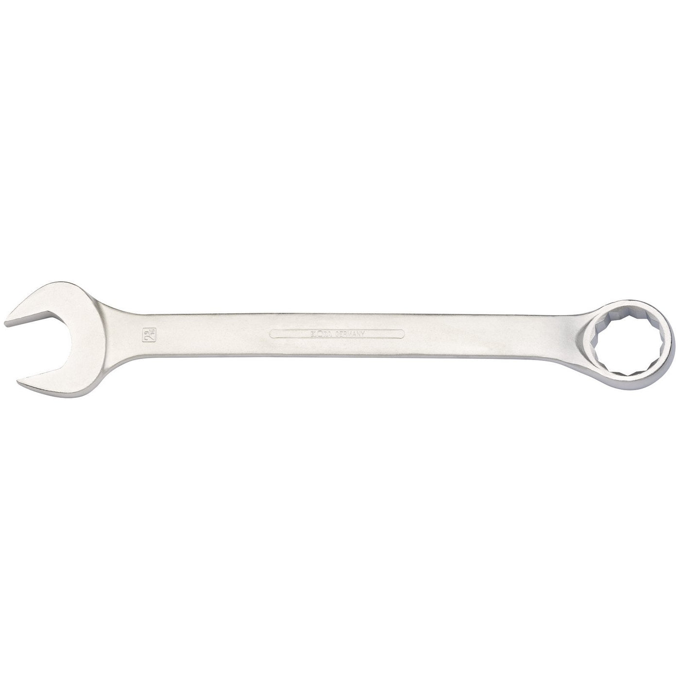 The Draper Elora Long Imperial Combination Spanner, 2.9/16" - 205A-2.9/16, crafted from durable chrome vanadium steel, features a silver finish with an open-end on one side and a box-end on the other. It lays flat against a white background.