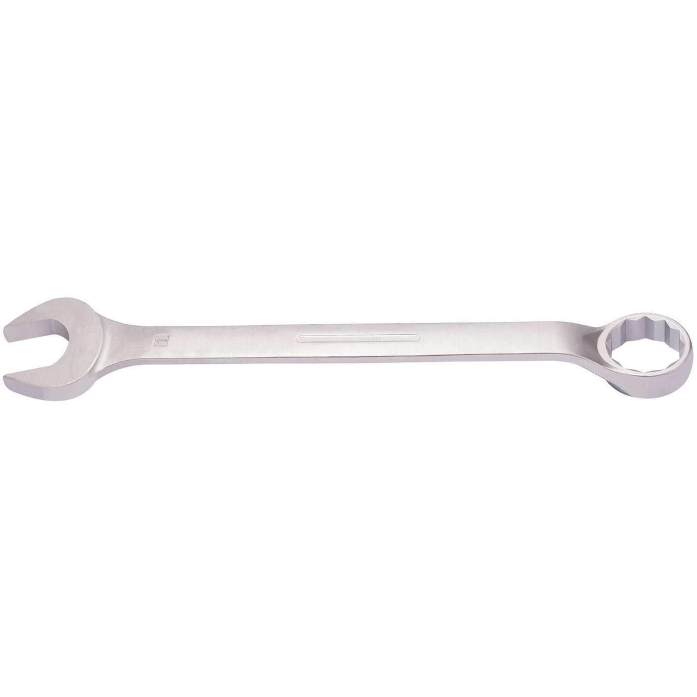 The Draper Elora Long Imperial Combination Spanner, 3" - 205A-3, is crafted from durable chrome vanadium steel and features an open-end on one side with a bi-hexagon ring-end on the other, making it ideal for tightening or loosening nuts and bolts. This professional-quality tool complies with DIN 3113 standards.