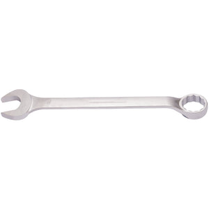 The Draper Elora Long Imperial Combination Spanner, 3" - 205A-3, is crafted from durable chrome vanadium steel and features an open-end on one side with a bi-hexagon ring-end on the other, making it ideal for tightening or loosening nuts and bolts. This professional-quality tool complies with DIN 3113 standards.