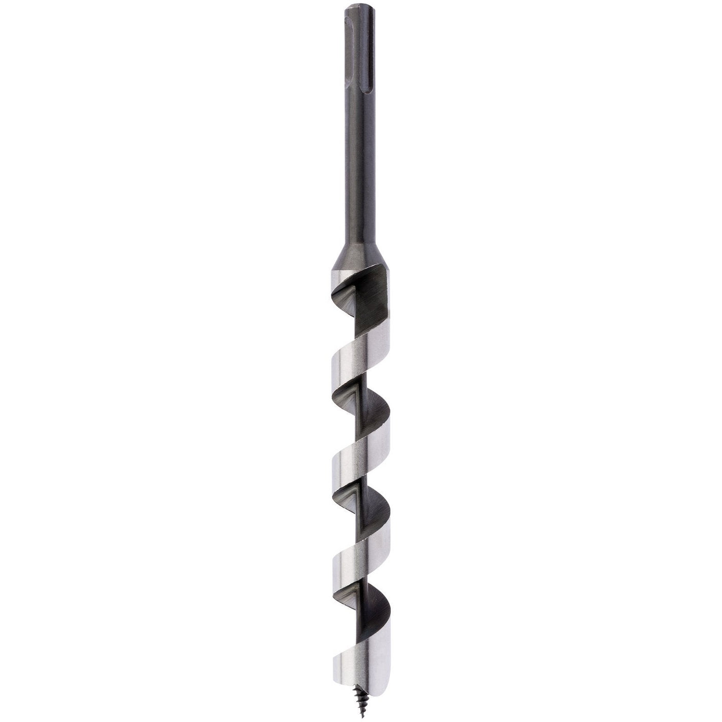 The Draper Sds+ Auger Bit, 230 X 19mm - AB-SDS is a precision-machined metal auger drill bit with a spiral cutting edge, featuring a hexagonal shank and spur tip for use in wood or other materials.