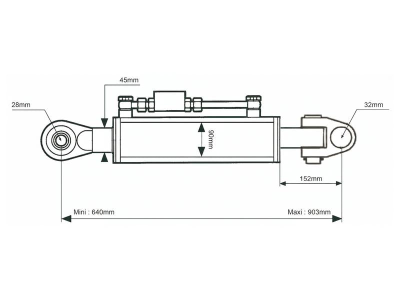 Sparex Hydraulic Top Link (Cat.28mm/3 (Ø28/32mm)) Knuckle and Ball, Cylinder Bore: 90mm, Min. Length : 690mm. | S.173633 - Product Image 2