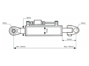 Sparex Hydraulic Top Link (Cat.28mm/3 (Ø28/32mm)) Knuckle and Ball, Cylinder Bore: 90mm, Min. Length : 690mm. | S.173633 - Product Image 2